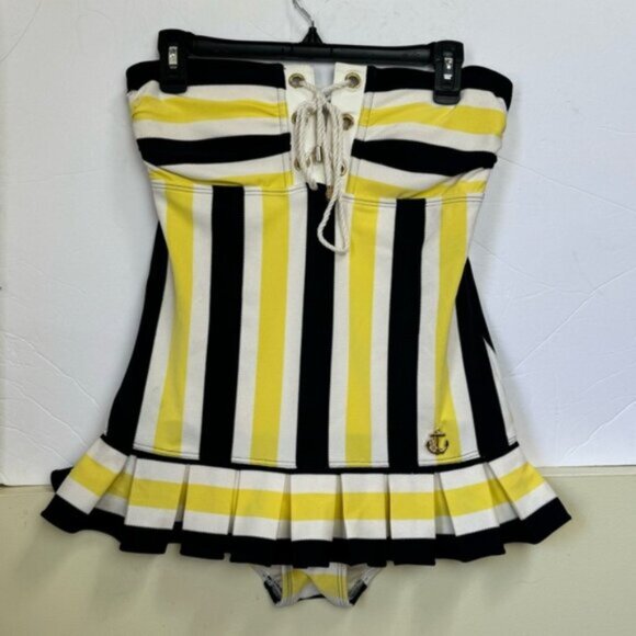 Juicy Couture Vintage Y2K Pleated Skirt Striped Nautical Swimsuit Pin Up Retro M - Picture 2 of 16